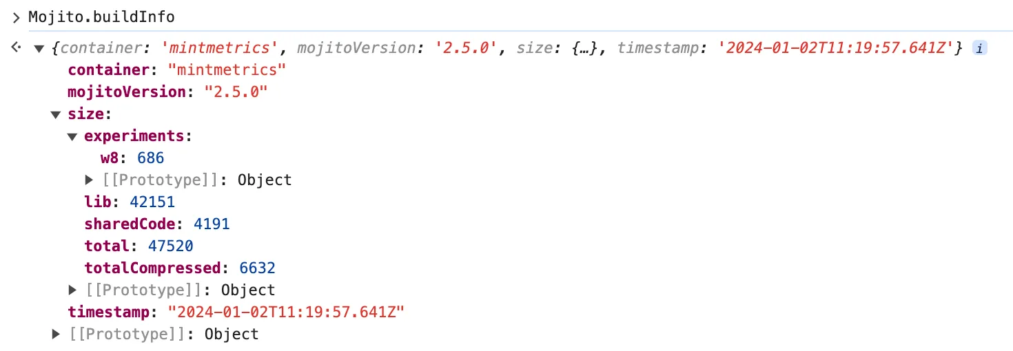 New build statistics in the Mojito.buildInfo key